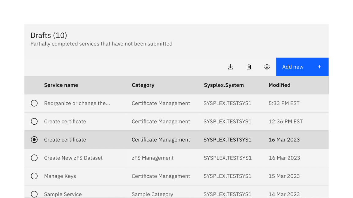 Example of a data table with radio select